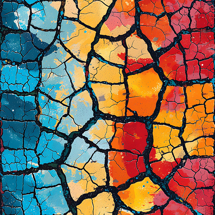 Cracked Paint with Vibrant Blue, Yellow, Red Pattern seamless PBR texture preview