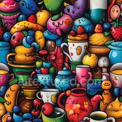 seamless Seamless 3D PBR Graffiti Texture Featuring Vibrant Cartoon Food Characters texture 8k free download PBR