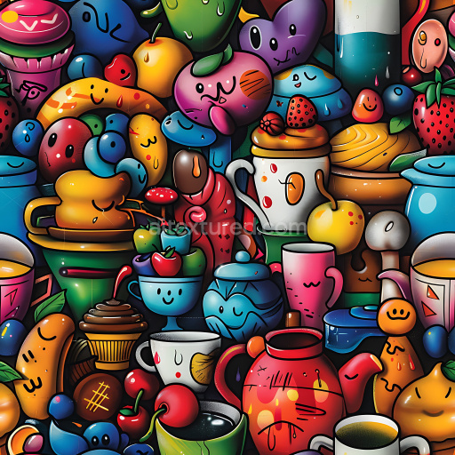 Seamless 3D PBR Graffiti Texture Featuring Vibrant Cartoon Food Characters