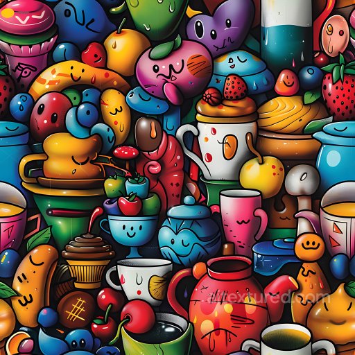 Seamless 3D PBR Graffiti Texture Featuring Vibrant Cartoon Food Characters texture preview