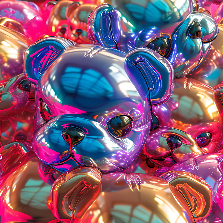 Inflated Featuring Shiny Metallic Teddy Bear Shapes in Iridescent Colors seamless PBR texture preview