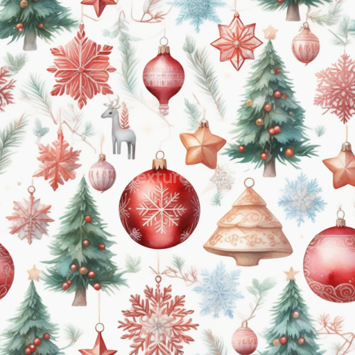 Seamless 3D PBR Texture of Watercolor Christmas Ornaments and Trees