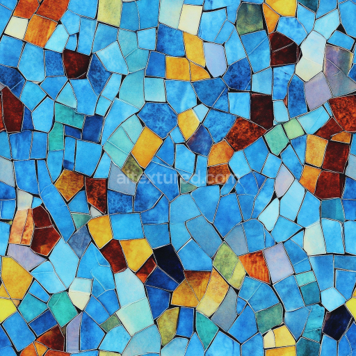 Seamless 3D Mosaic PBR Texture of Vibrant Glazed Irregular Tiles in Blue, Yellow, and Ear… texture preview