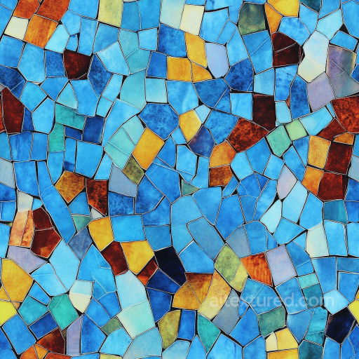Mosaic PBR Texture of Vibrant Glazed Irregular Tiles in Blue, Yellow, and Earth Tones seamless Mosaic PBR texture