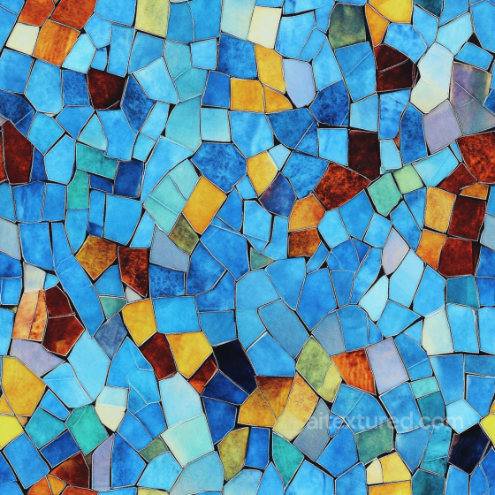 Mosaic PBR Texture of Vibrant Glazed Irregular Tiles in Blue, Yellow, and Earth Tones Mosaic texture preview