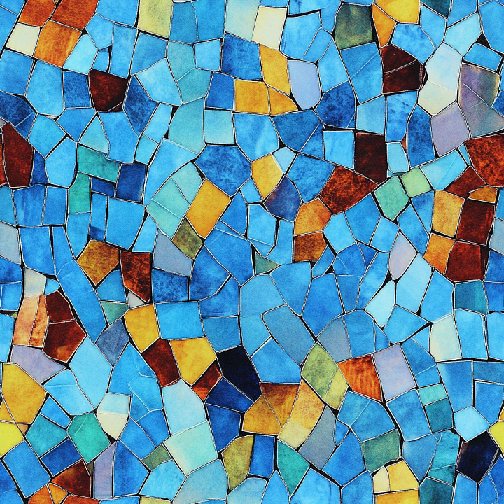 Mosaic of Vibrant Glazed Irregular Tiles in Blue, Yellow, and Earth Ton… seamless PBR texture preview
