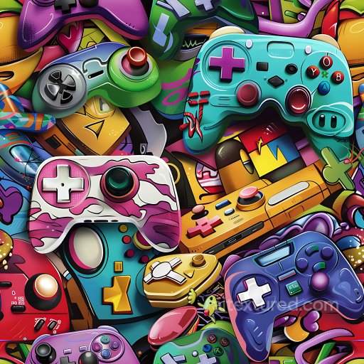 Seamless 3D PBR Graffiti Texture Featuring Vibrant, Stacked Game Controller Artwork texture preview