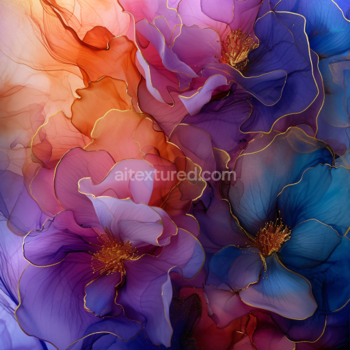 Seamless 3D Alcohol Ink PBR Texture with Vibrant Floral Swirls and Gold Highlights