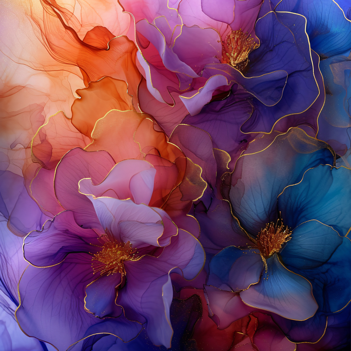 Alcohol Ink with Vibrant Floral Swirls and Gold Highlights seamless PBR texture preview