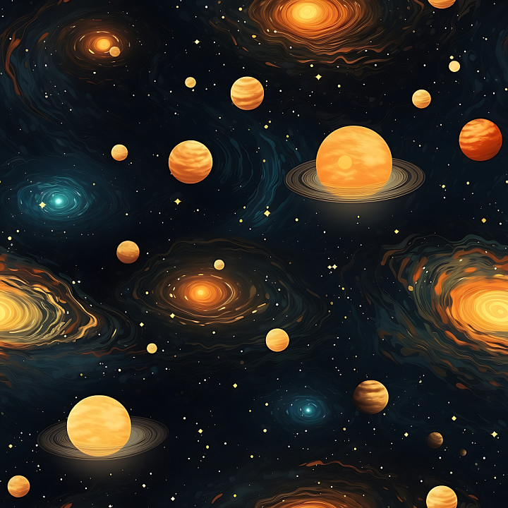 Space Featuring Stylized Planets and Vivid Nebula Clouds seamless PBR texture preview