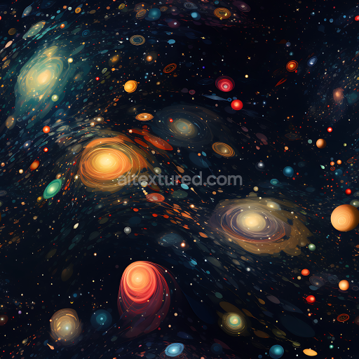 Seamless 3D Space PBR Texture Featuring Stylized Galaxy Clusters & Orbital Stars