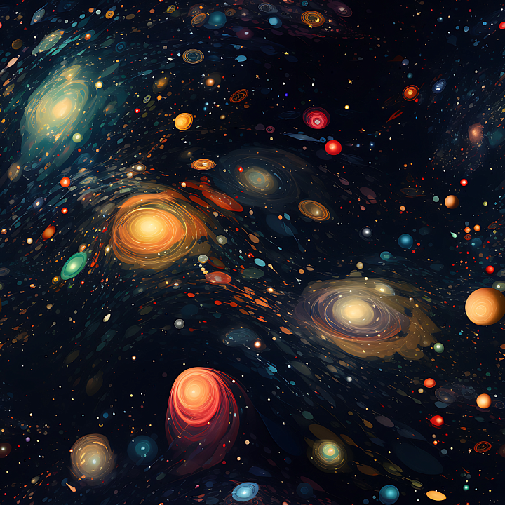 Space Featuring Stylized Galaxy Clusters & Orbital Stars seamless PBR texture preview