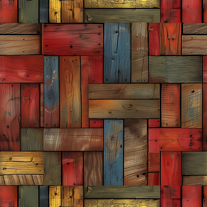 Rustic Painted Wood Panels with Multicolor Grain and Knots seamless PBR texture preview