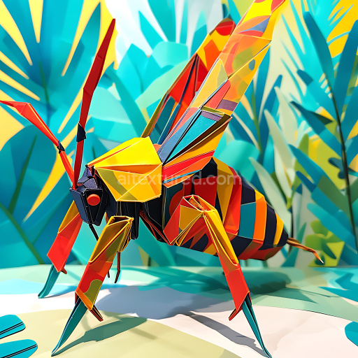 Seamless 3D PBR Texture Featuring Vibrant Origami-Style Insect with Geometric Color Blocks