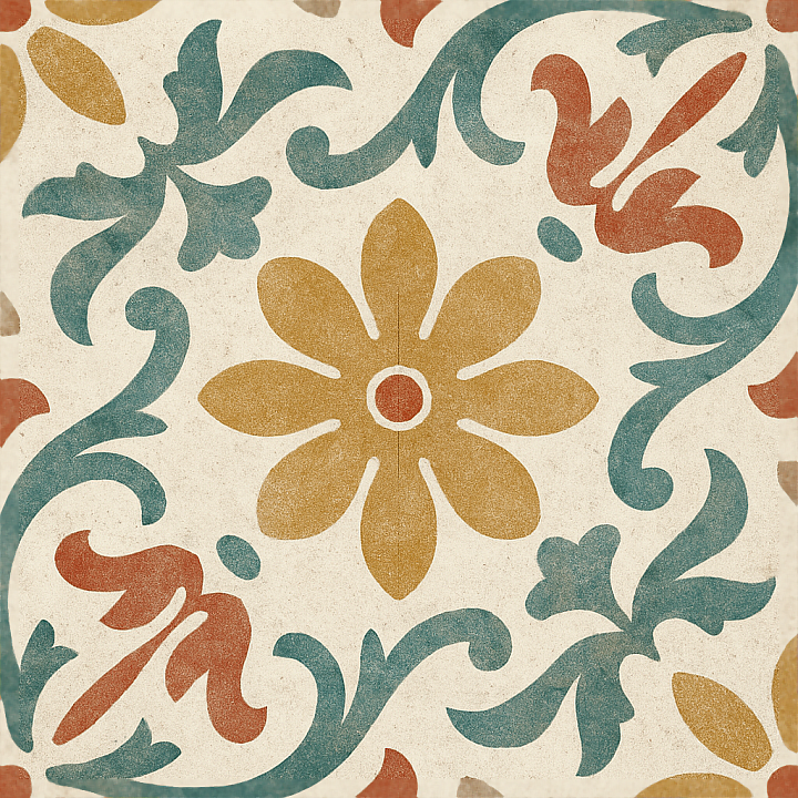 Of Matte Cement Tile With Multicolor Decorative Floral Pattern seamless PBR texture preview