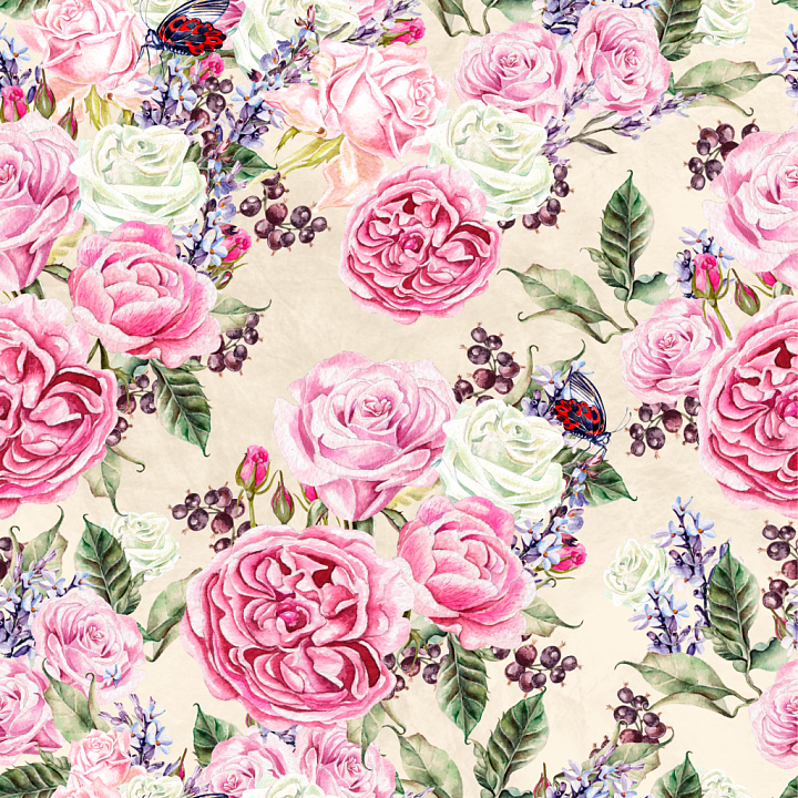 Floral Featuring Pink and White Roses with Butterflies and Green Foliage seamless PBR texture preview
