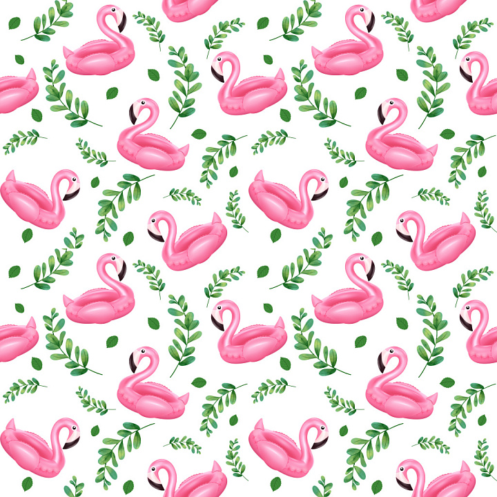 Pattern Featuring Pink Flamingo Inflatable Floats and Green Leafy Motifs seamless PBR texture preview