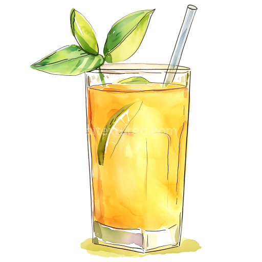 Watercolor Kombucha Glass with Lime and Mint Leaves Breakfast Graphic