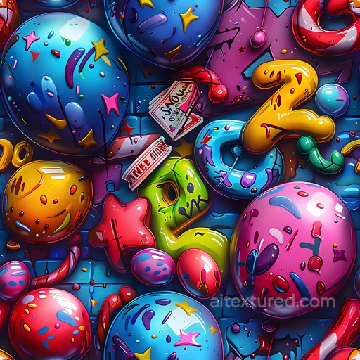 Seamless 3D PBR Graffiti Texture Featuring Colorful Balloon Letters and Urban Wall Backgr… texture preview