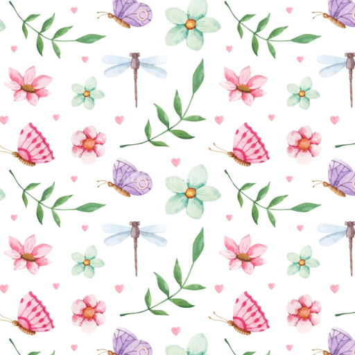 Seamless 3D PBR Texture with Watercolor Butterflies and Floral Motifs