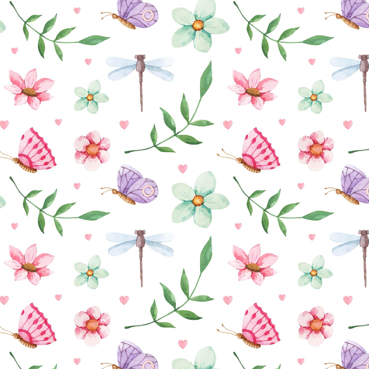 with Watercolor Butterflies and Floral Motifs seamless PBR texture preview