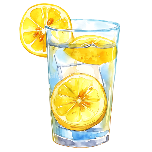 Breakfast Lemon Honey Water with Ice Cube in Glass - Watercolor Style