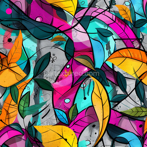Seamless 3D PBR Graffiti Texture Featuring Colorful Abstract Leaves and Urban Concrete Base