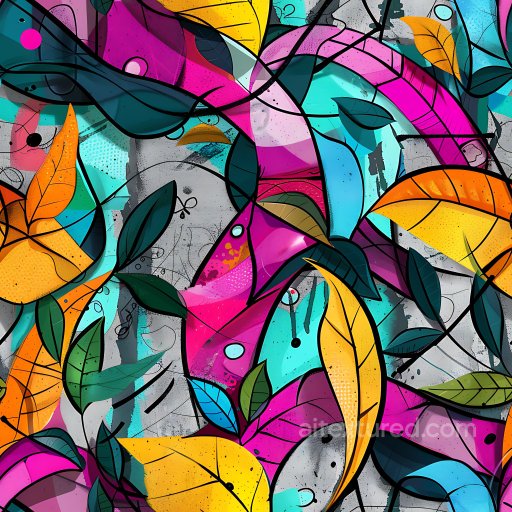 Seamless 3D PBR Graffiti Texture Featuring Colorful Abstract Leaves and Urban Concrete Ba… texture preview