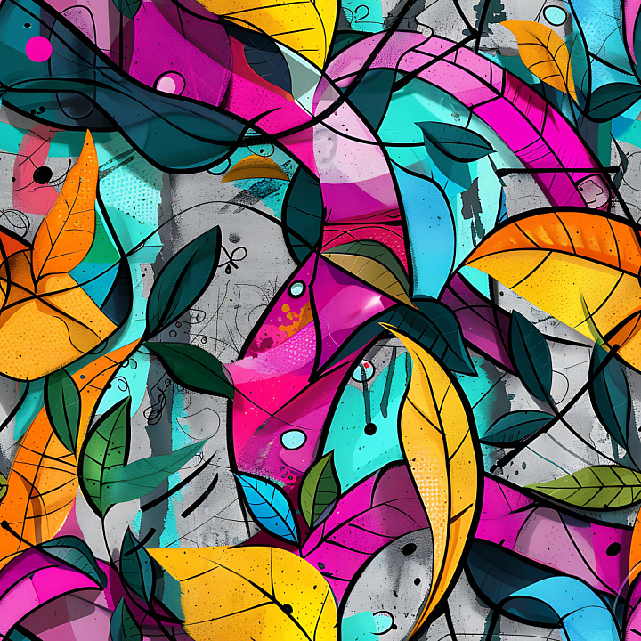 Graffiti Featuring Colorful Abstract Leaves and Urban Concrete Base seamless PBR texture preview