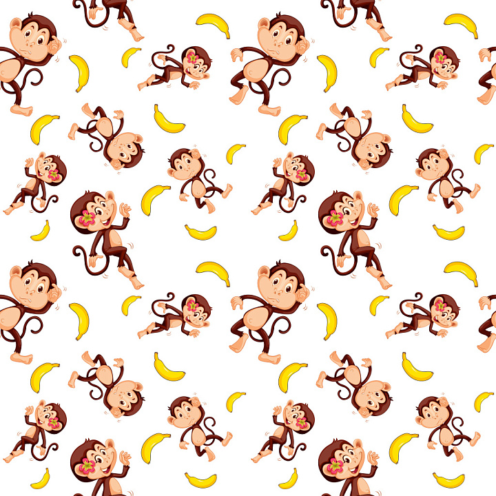 Pattern with Playful Monkey and Banana Motifs on White Background seamless PBR texture preview