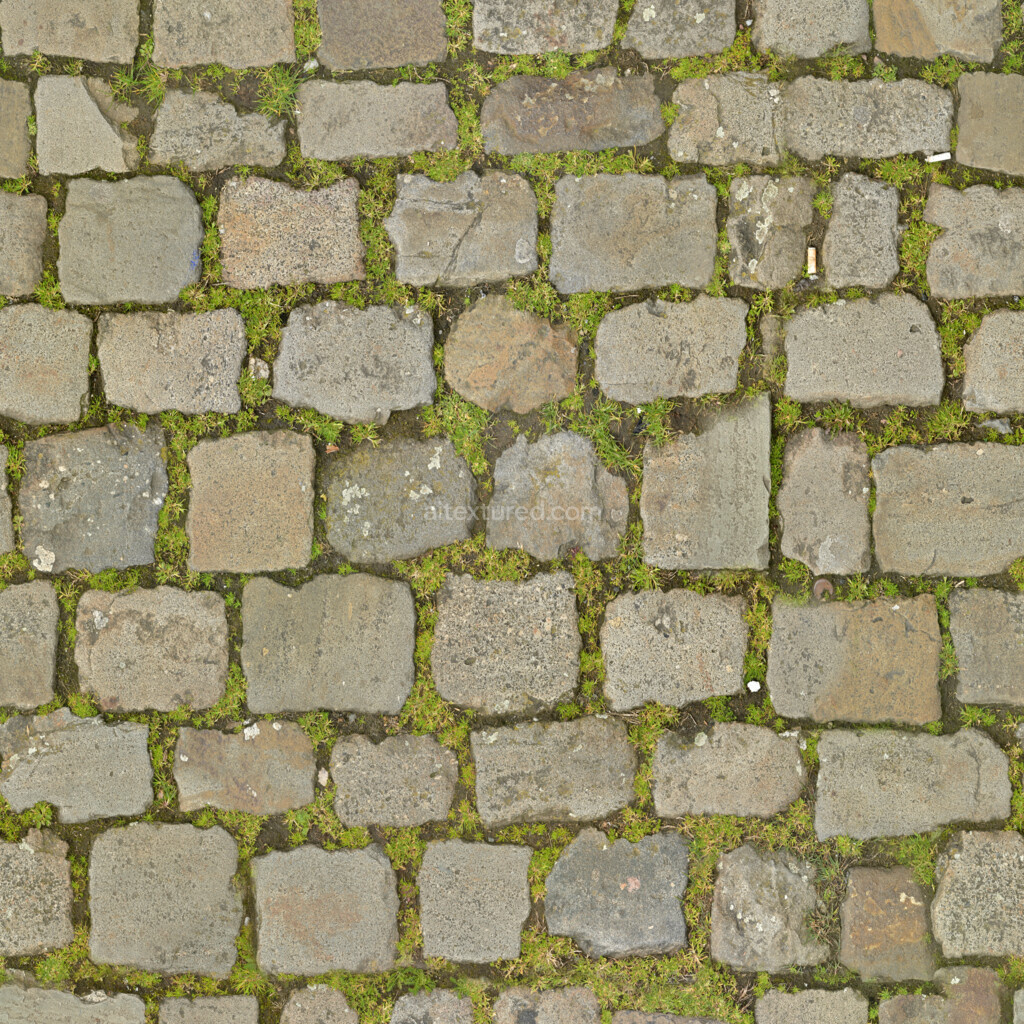 Seamless paving stones texture with moss and grass details