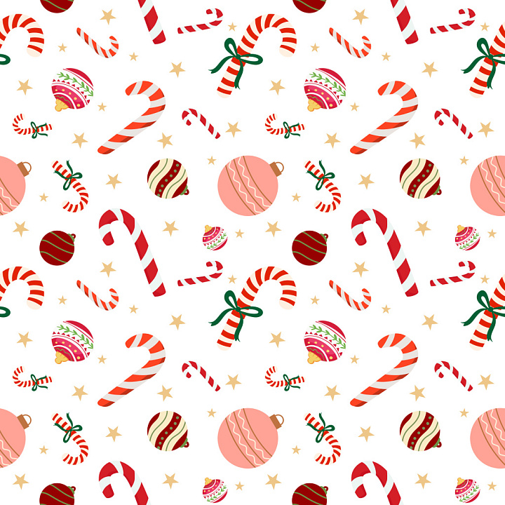 Pattern Featuring Christmas Candy Canes and Festive Ornaments seamless PBR texture preview