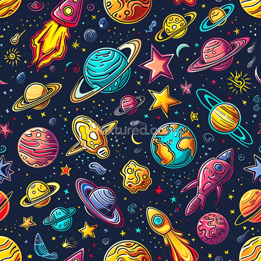 Seamless 3D Cartoon Space PBR Texture Featuring Vibrant Planets and Rockets