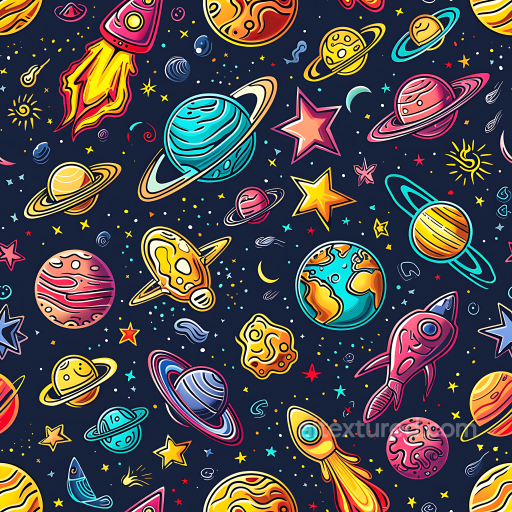 Cartoon Space PBR Texture Featuring Vibrant Planets and Rockets seamless Star, space, planets PBR texture