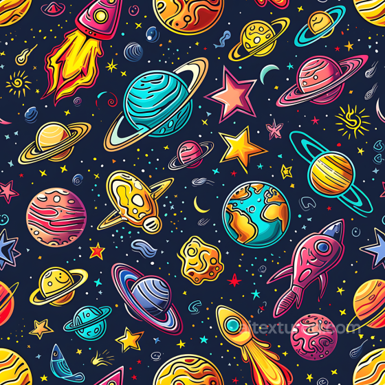 Cartoon Space PBR Texture Featuring Vibrant Planets and Rockets Star, space, planets texture preview