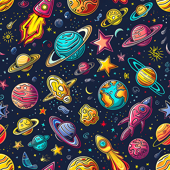 Cartoon Space Featuring Vibrant Planets and Rockets seamless PBR texture preview