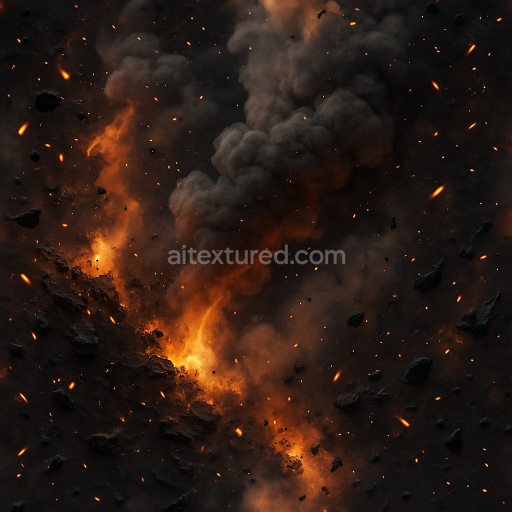 Seamless 8k PBR 3d texture of burning fragments with fire sparks and thermal glow highlights