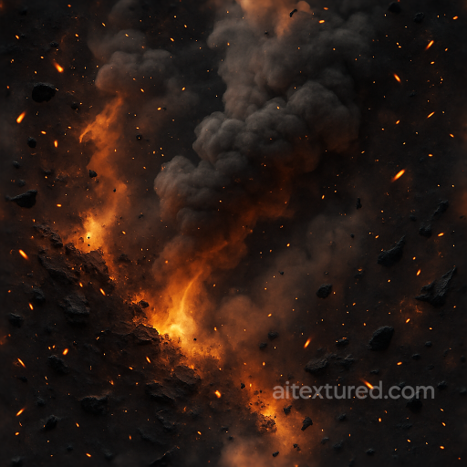 Seamless 8K PBR 3D texture of burning fragments with fire sparks and thermal glow highlig… seamless Explosion PBR texture