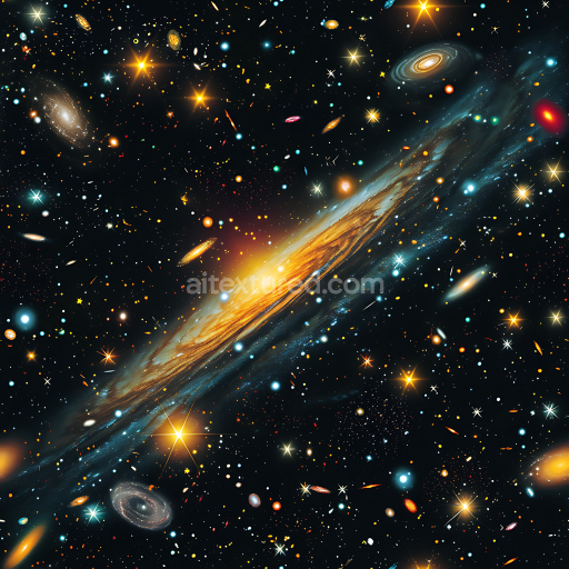 Seamless 3D Space PBR Texture Featuring Spiral Galaxies and Starfield with Golden Highlights