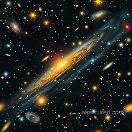 Space PBR Texture Featuring Spiral Galaxies and Starfield with Golden Highlights Star, space, planets texture preview