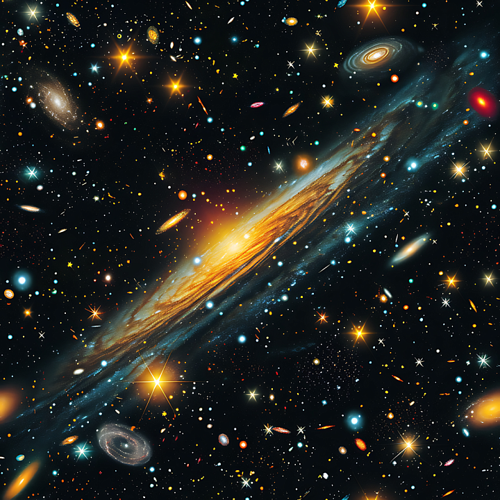 Space Featuring Spiral Galaxies and Starfield with Golden Highlights seamless PBR texture preview