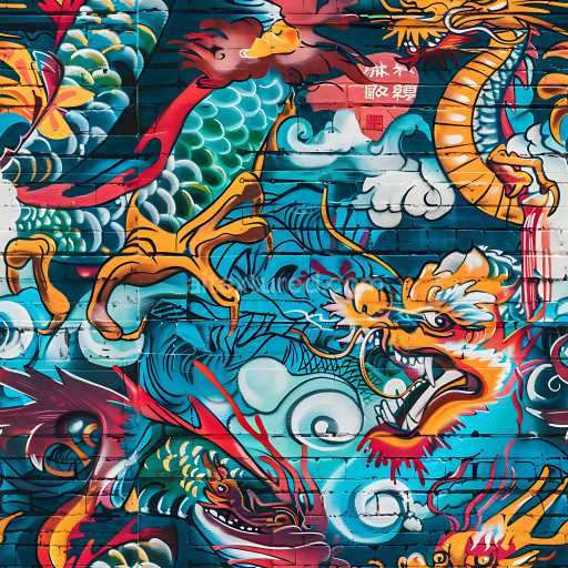 Seamless 3D PBR Graffiti Texture Featuring Vibrant Blue and Orange Dragon Mural