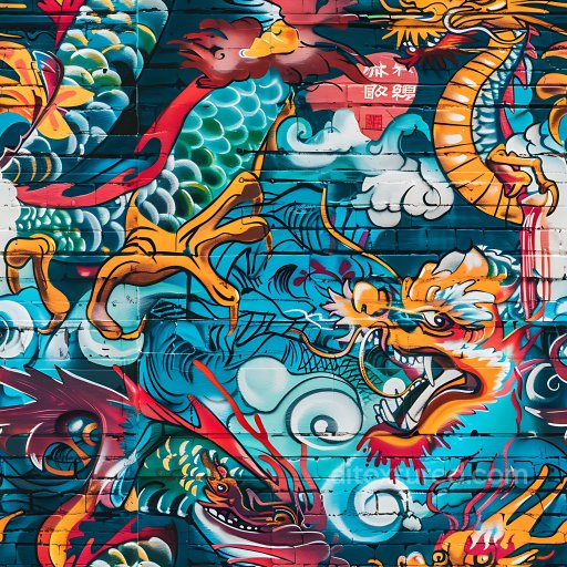 Seamless 3D PBR Graffiti Texture Featuring Vibrant Blue and Orange Dragon Mural texture preview