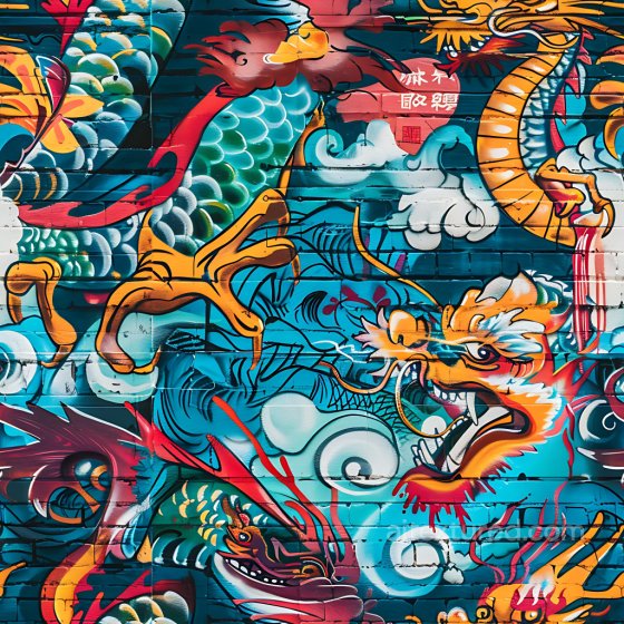 Graffiti Texture Featuring Vibrant Blue and Orange Dragon Mural Graffiti texture preview