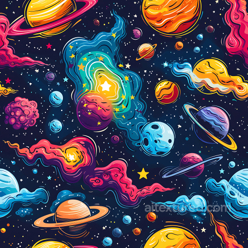 Space PBR Texture Featuring Stylized Colorful Planets and Nebula Clouds seamless Star, space, planets PBR texture