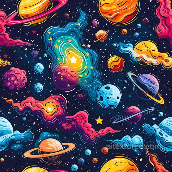 Space PBR Texture Featuring Stylized Colorful Planets and Nebula Clouds Star, space, planets texture preview