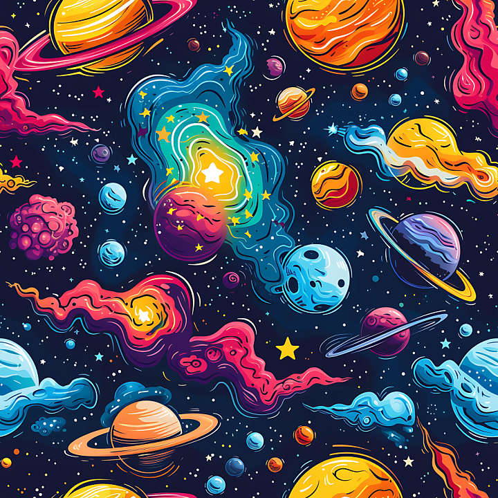Space Featuring Stylized Colorful Planets and Nebula Clouds seamless PBR texture preview