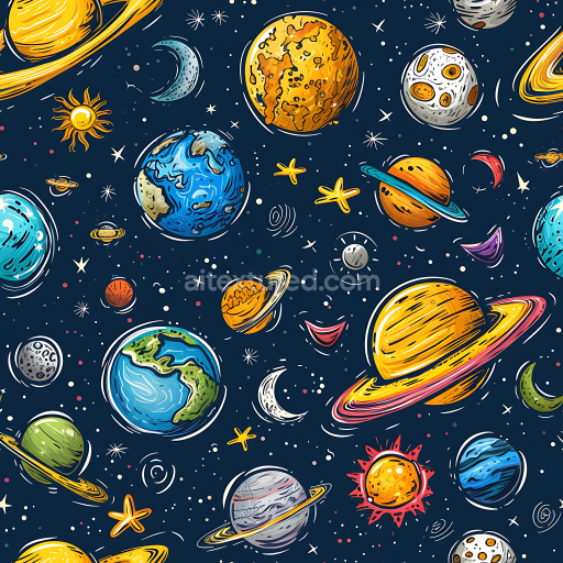Seamless 3D Space PBR Texture of Colorful Hand-Drawn Planets and Stars