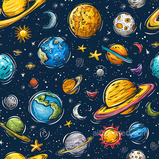 Space PBR Texture of Colorful Hand-Drawn Planets and Stars seamless Star, space, planets PBR texture