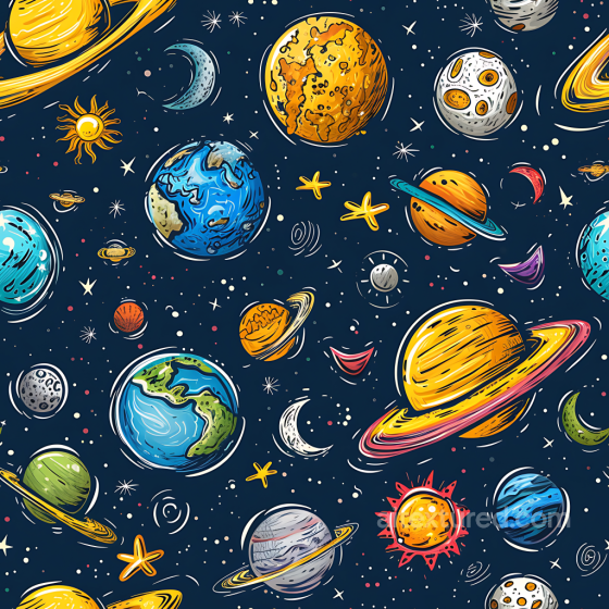 Space PBR Texture of Colorful Hand-Drawn Planets and Stars Star, space, planets texture preview